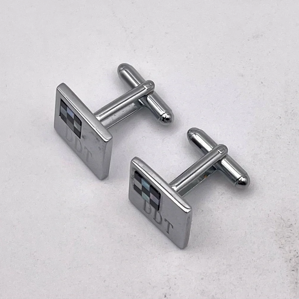 Silver Cufflinks With Mother of Pearl and Onyx Checkered Flag DDT Engraving